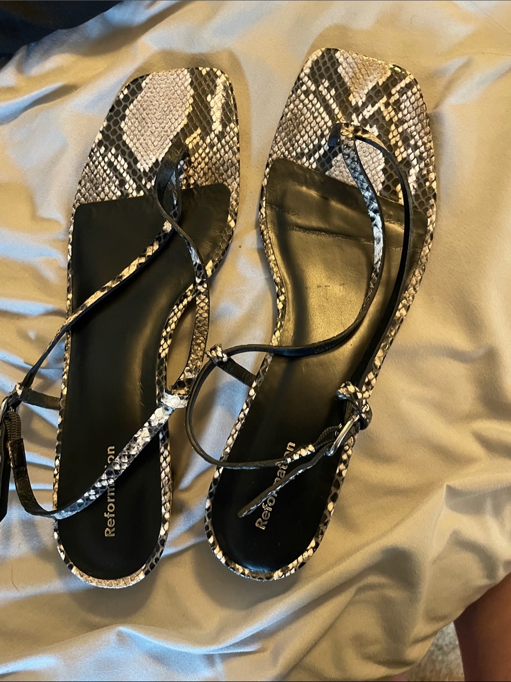 Reformation Black & White Snake-Print Strappy Sandals